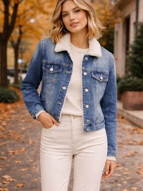 Sherpa Lined Denim Jacket Women’s L Distressed Western Cozy Fall Layer